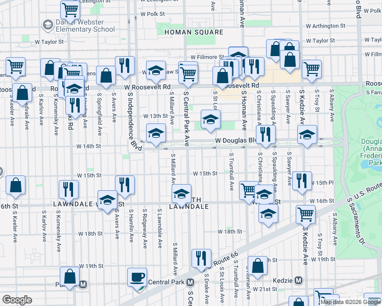 map of restaurants, bars, coffee shops, grocery stores, and more near 1416 South Central Park Avenue in Chicago