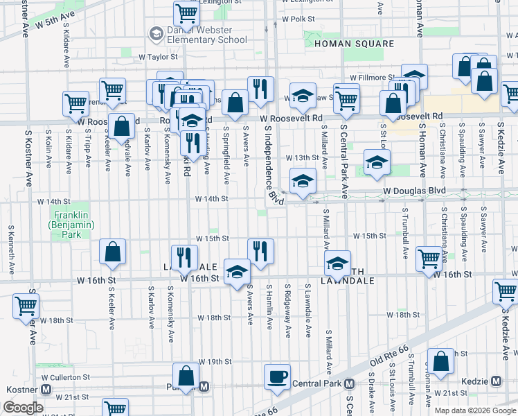 map of restaurants, bars, coffee shops, grocery stores, and more near 3757 West Douglas Boulevard in Chicago