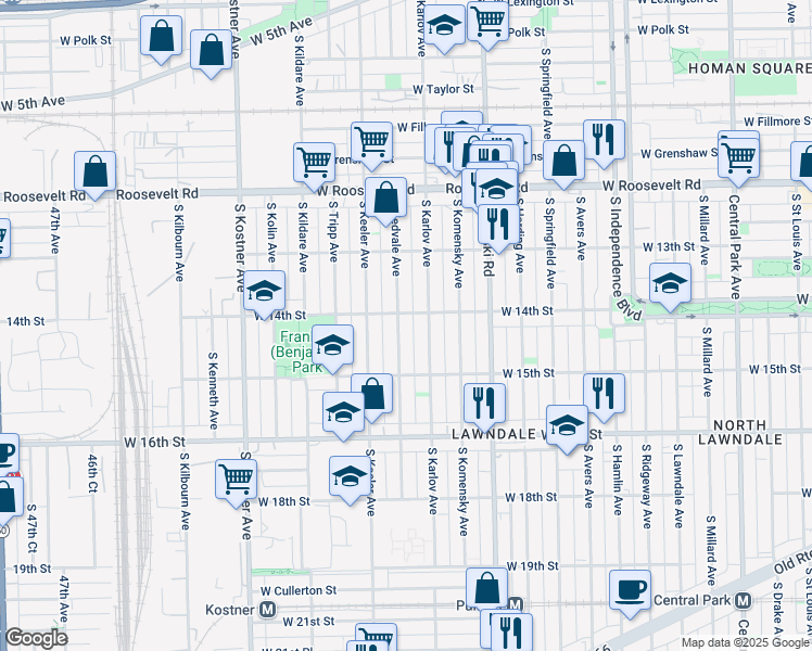 map of restaurants, bars, coffee shops, grocery stores, and more near 1412 South Kedvale Avenue in Chicago