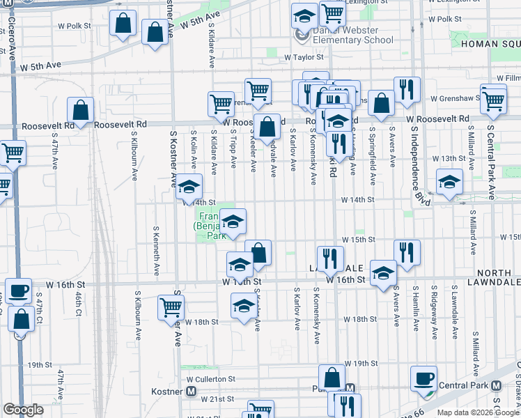 map of restaurants, bars, coffee shops, grocery stores, and more near 1412 South Kedvale Avenue in Chicago