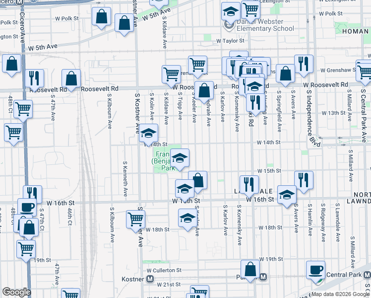 map of restaurants, bars, coffee shops, grocery stores, and more near 1408 South Keeler Avenue in Chicago