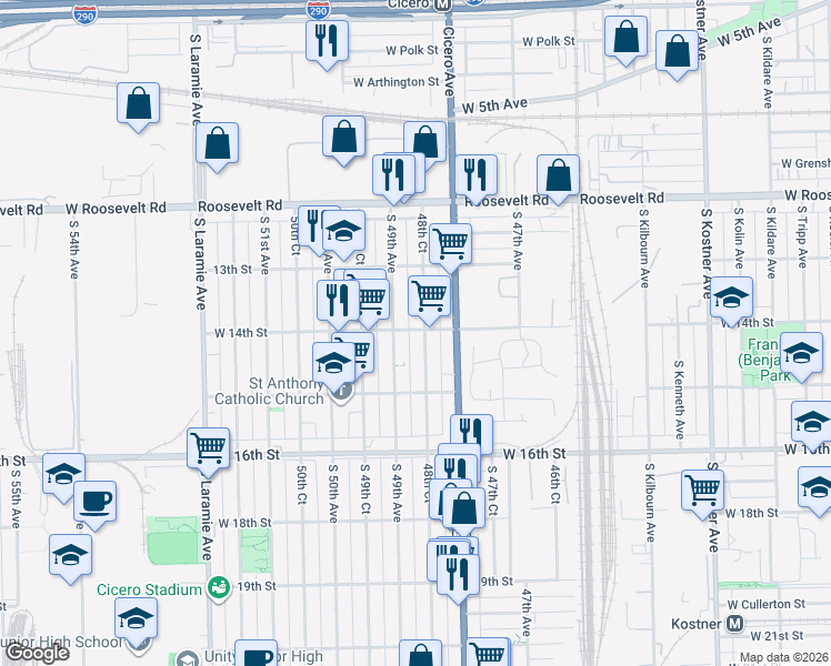 map of restaurants, bars, coffee shops, grocery stores, and more near 1405 48th Court in Cicero