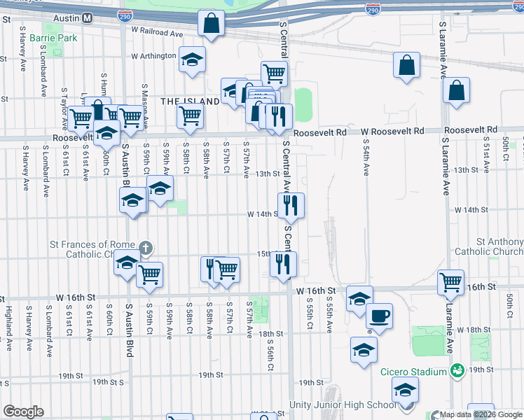map of restaurants, bars, coffee shops, grocery stores, and more near 1347 South 57th Avenue in Cicero