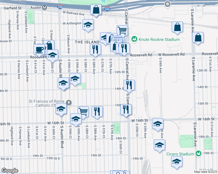 map of restaurants, bars, coffee shops, grocery stores, and more near 1347 South 57th Avenue in Cicero