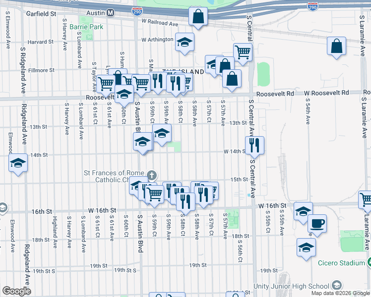 map of restaurants, bars, coffee shops, grocery stores, and more near 1348 South 58th Avenue in Cicero