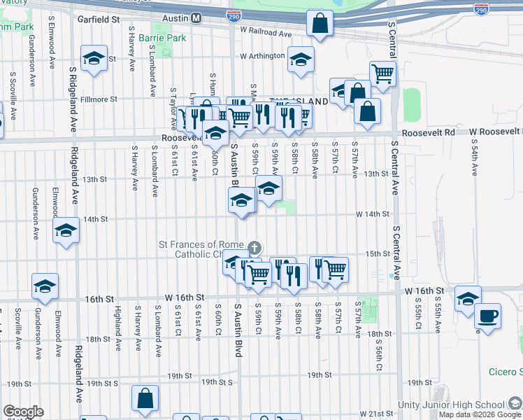 map of restaurants, bars, coffee shops, grocery stores, and more near 1347 South 59th Court in Cicero