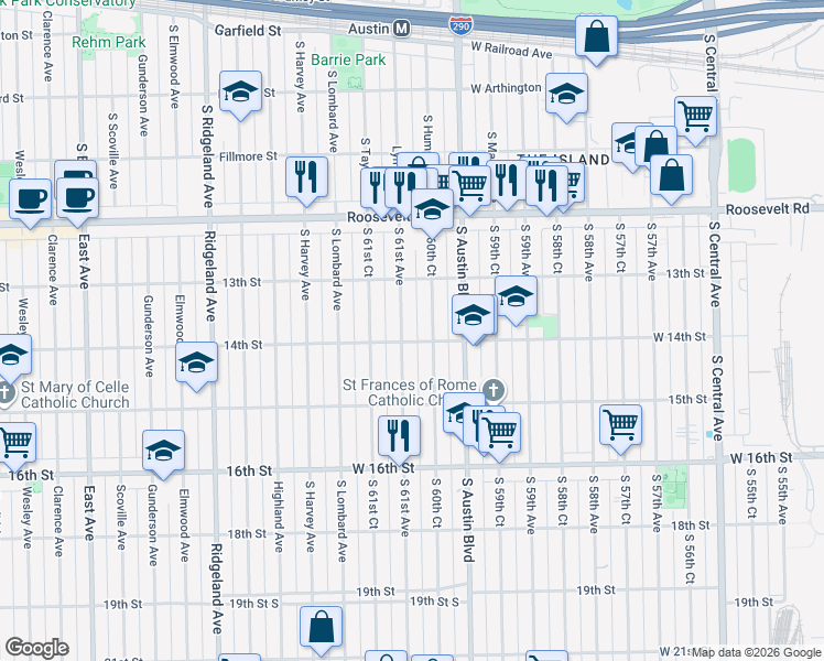 map of restaurants, bars, coffee shops, grocery stores, and more near 1344 South 60th Court in Cicero