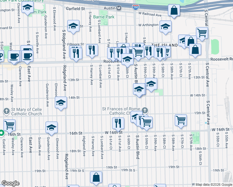 map of restaurants, bars, coffee shops, grocery stores, and more near 1345 West 14th Street in Cicero