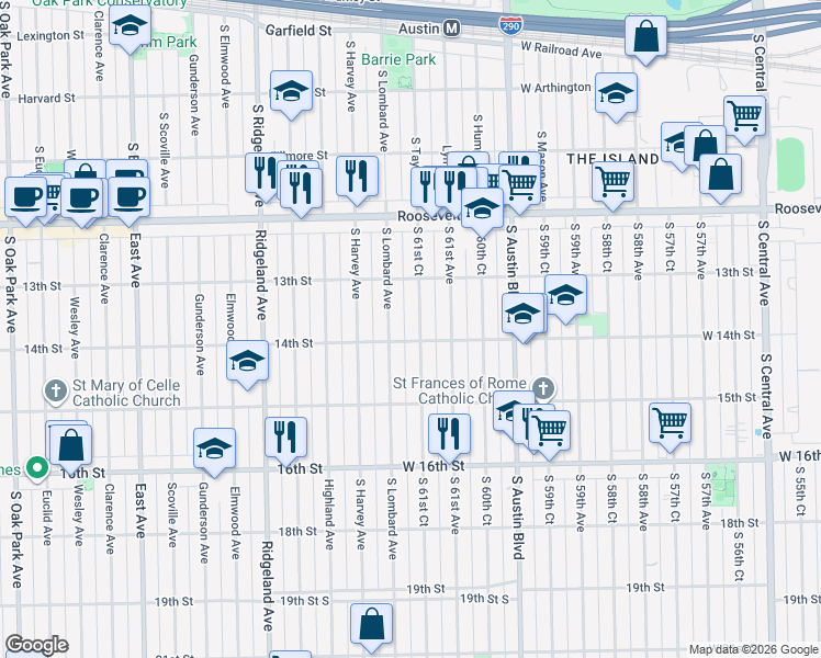 map of restaurants, bars, coffee shops, grocery stores, and more near 1341 South Lombard Avenue in Cicero