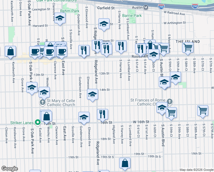 map of restaurants, bars, coffee shops, grocery stores, and more near 1342 Cuyler Avenue in Berwyn