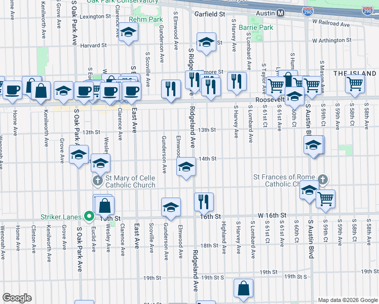 map of restaurants, bars, coffee shops, grocery stores, and more near 1341 Elmwood Avenue in Berwyn