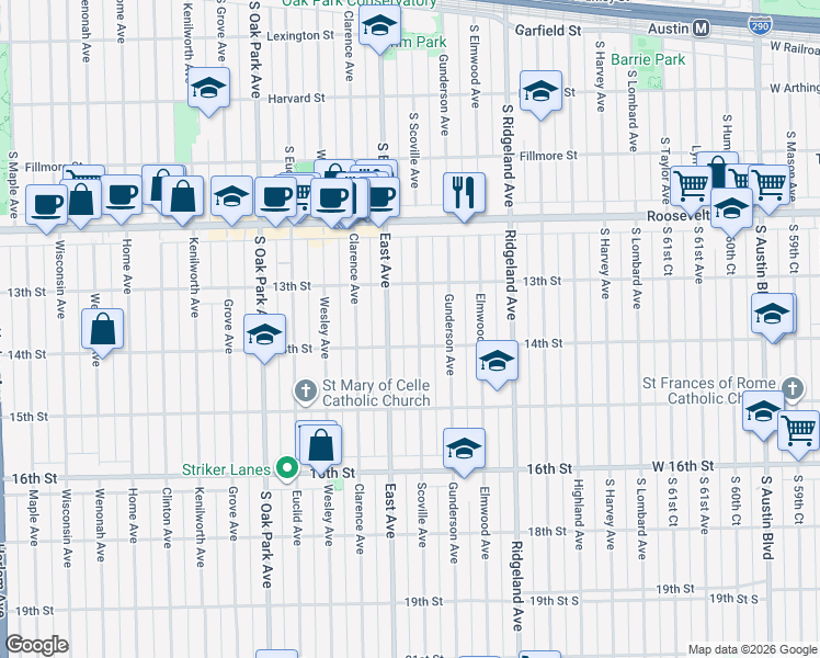 map of restaurants, bars, coffee shops, grocery stores, and more near 1339 Scoville Avenue in Berwyn