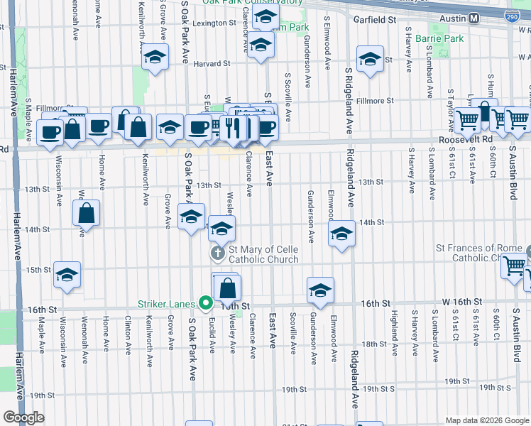 map of restaurants, bars, coffee shops, grocery stores, and more near 1336 East Avenue in Berwyn