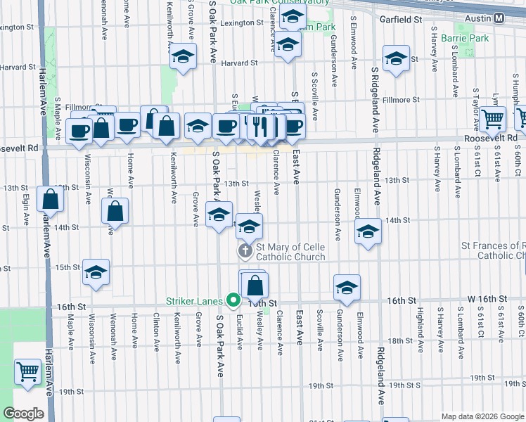 map of restaurants, bars, coffee shops, grocery stores, and more near 1336 Clarence Avenue in Berwyn