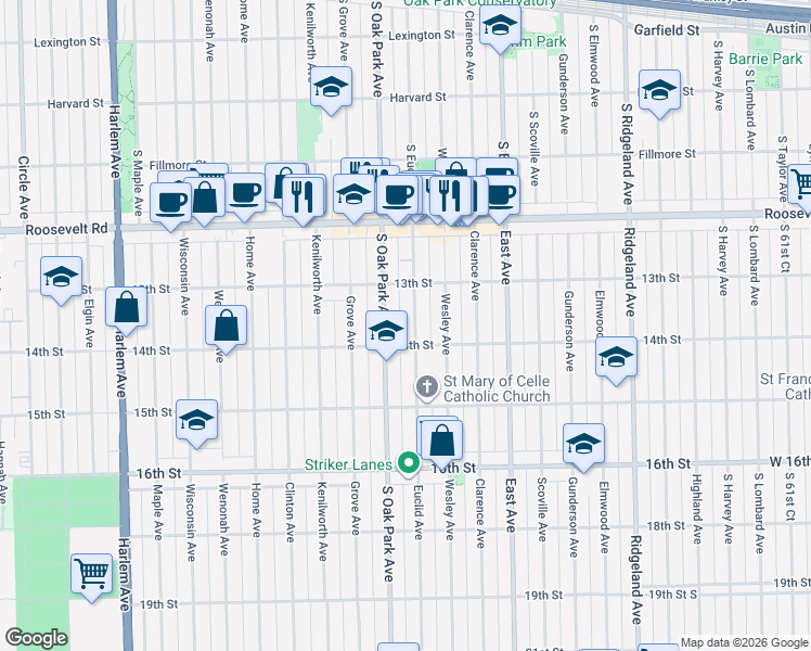 map of restaurants, bars, coffee shops, grocery stores, and more near 1337 South Oak Park Avenue in Berwyn
