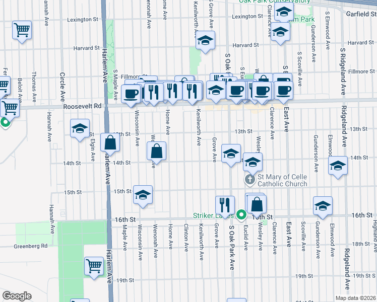map of restaurants, bars, coffee shops, grocery stores, and more near 1336 Kenilworth Avenue in Berwyn