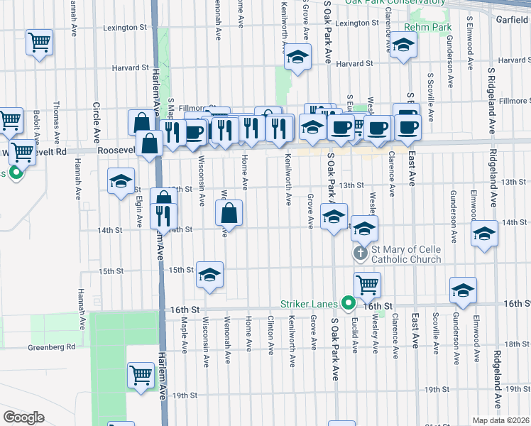 map of restaurants, bars, coffee shops, grocery stores, and more near 1332 Clinton Avenue in Berwyn