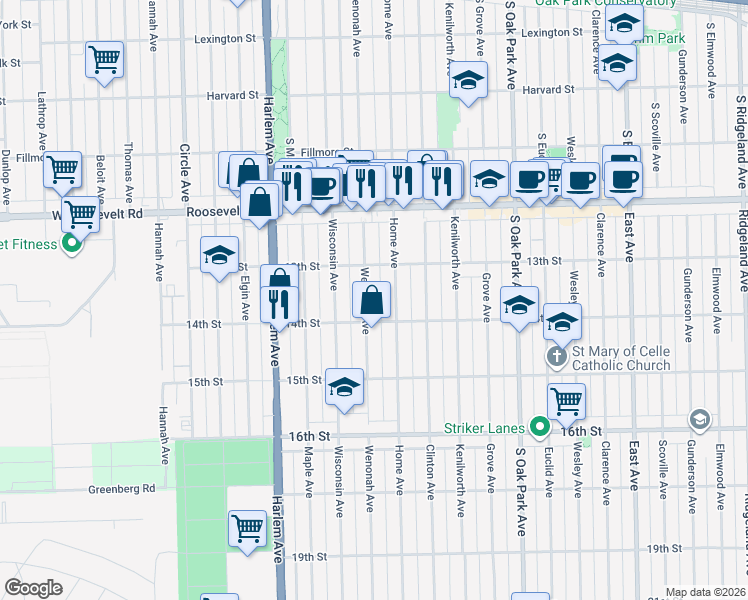 map of restaurants, bars, coffee shops, grocery stores, and more near 1334 Home Avenue in Berwyn