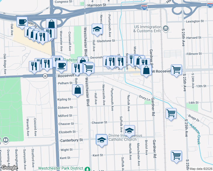 map of restaurants, bars, coffee shops, grocery stores, and more near 10055 Drury Lane in Westchester