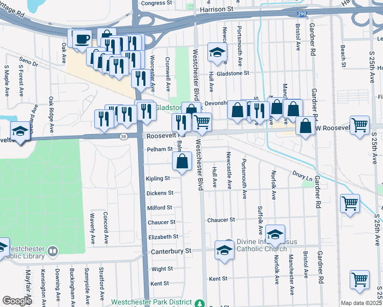 map of restaurants, bars, coffee shops, grocery stores, and more near 1239 Westchester Boulevard in Westchester