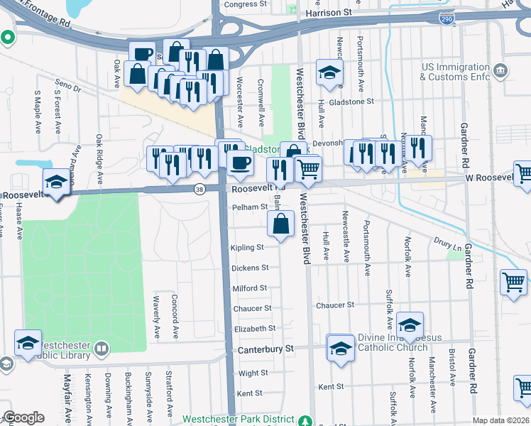 map of restaurants, bars, coffee shops, grocery stores, and more near 10307 Pelham Street in Westchester
