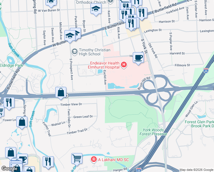 map of restaurants, bars, coffee shops, grocery stores, and more near 123 West Brush Hill Road in Elmhurst