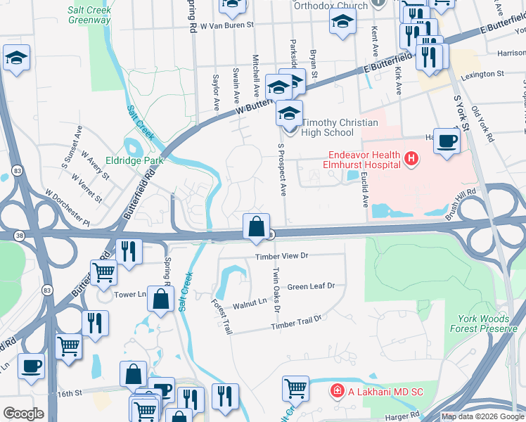 map of restaurants, bars, coffee shops, grocery stores, and more near 14 Maple Tree Court in Elmhurst