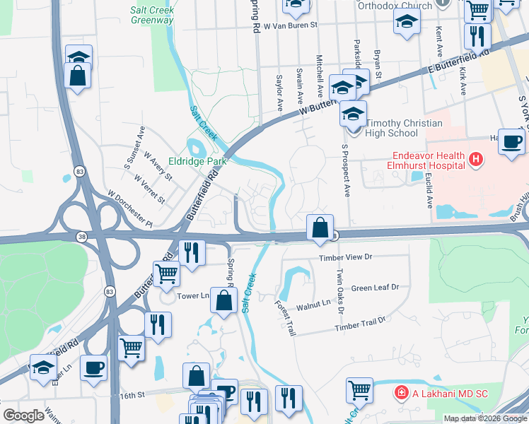 map of restaurants, bars, coffee shops, grocery stores, and more near 1078 Elm Creek Lane in Elmhurst