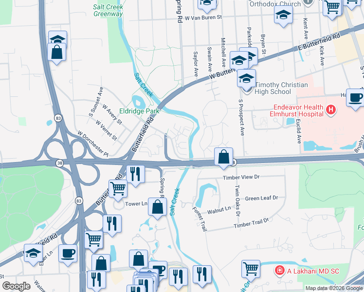 map of restaurants, bars, coffee shops, grocery stores, and more near 1 Charlotte Circle in Elmhurst