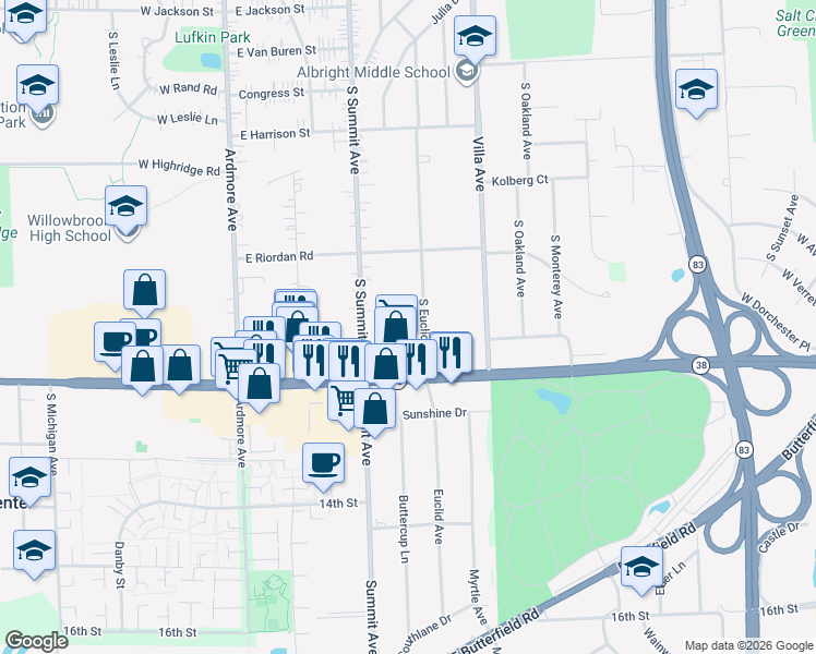 map of restaurants, bars, coffee shops, grocery stores, and more near 0S717 South Summit Avenue in Villa Park