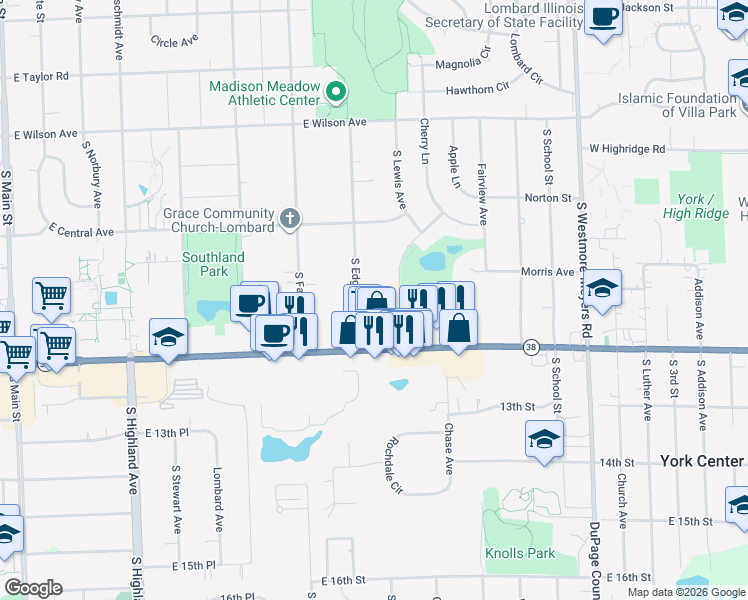 map of restaurants, bars, coffee shops, grocery stores, and more near 1171 South Edgewood Avenue in Lombard