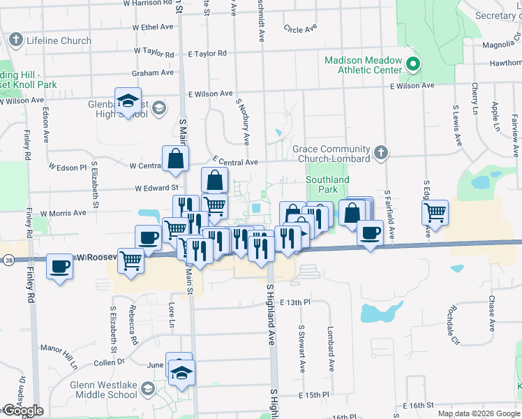 map of restaurants, bars, coffee shops, grocery stores, and more near 200 E Roosevelt Rd in Lombard
