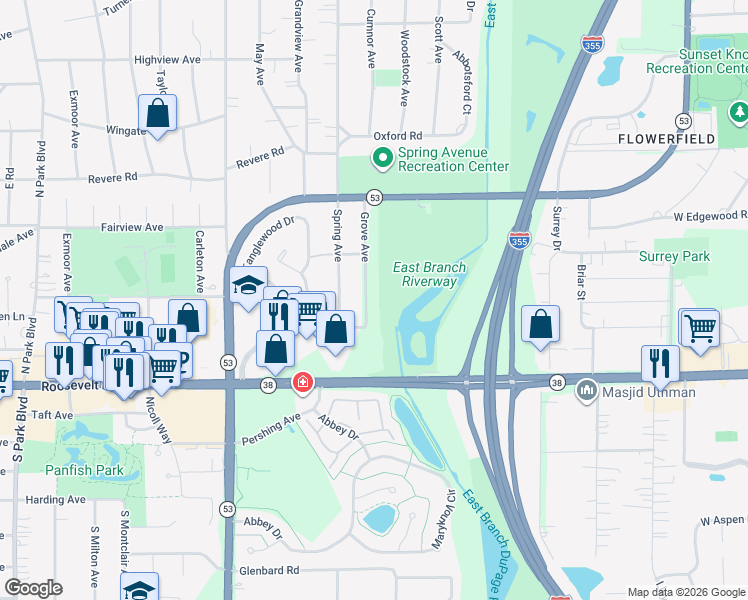 map of restaurants, bars, coffee shops, grocery stores, and more near 70 Grove Avenue in Glen Ellyn