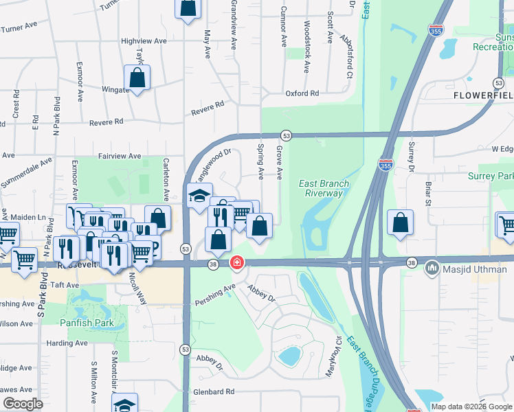 map of restaurants, bars, coffee shops, grocery stores, and more near 72 Spring Avenue in Glen Ellyn