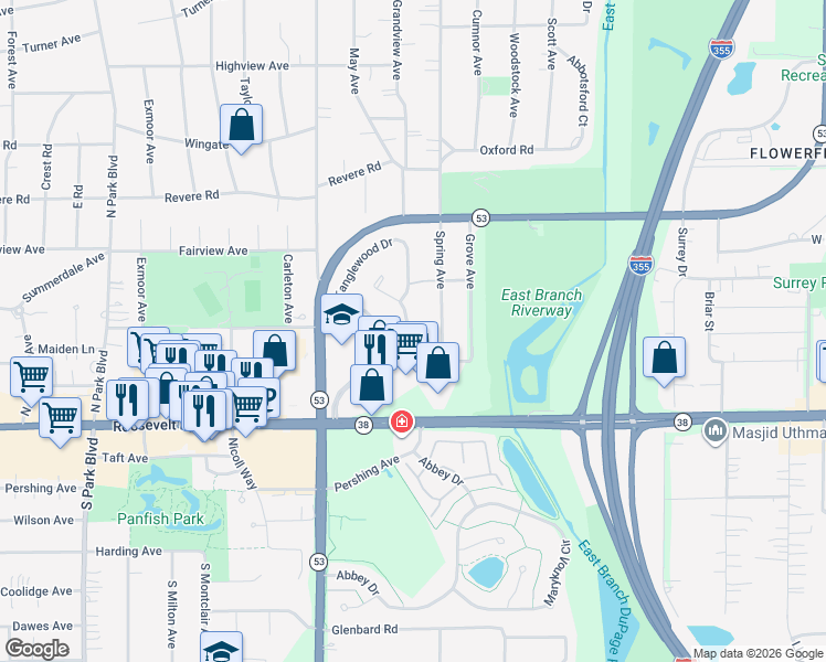 map of restaurants, bars, coffee shops, grocery stores, and more near 72 Spring Avenue in Glen Ellyn