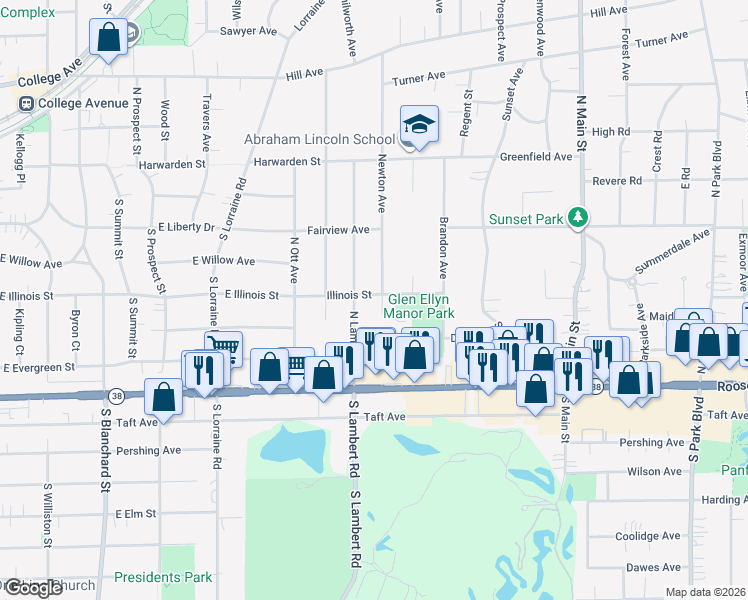 map of restaurants, bars, coffee shops, grocery stores, and more near 74 Newton Avenue in Glen Ellyn