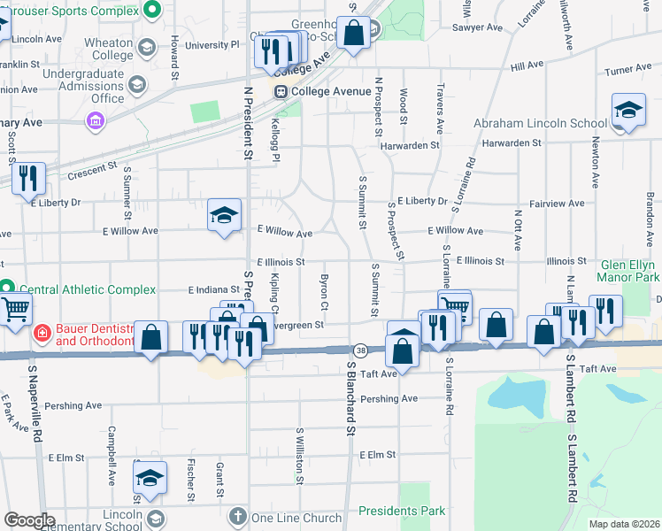 map of restaurants, bars, coffee shops, grocery stores, and more near 406 South Blanchard Street in Wheaton
