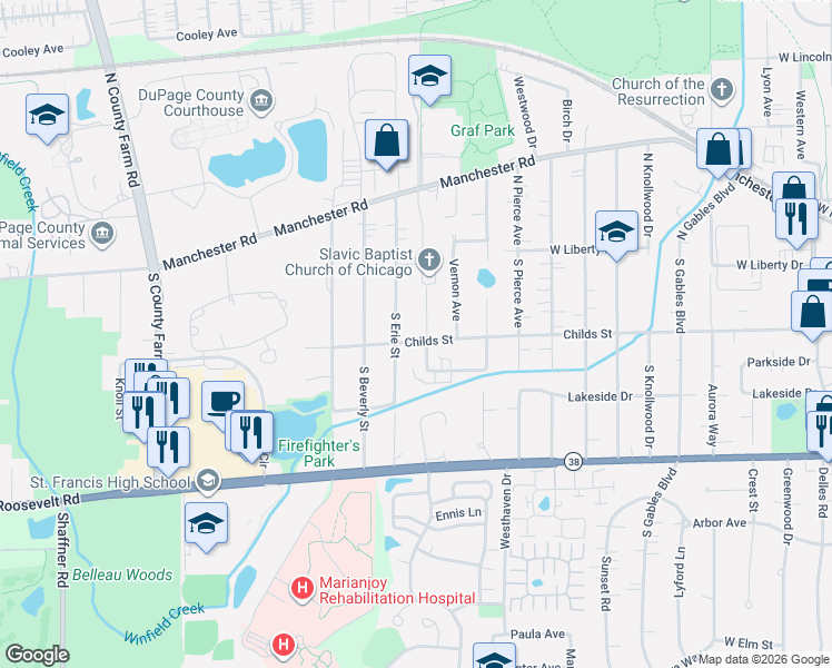 map of restaurants, bars, coffee shops, grocery stores, and more near 318 Shirley Court in Wheaton