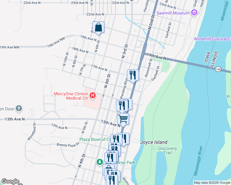 map of restaurants, bars, coffee shops, grocery stores, and more near 1511 North 3rd Street in Clinton