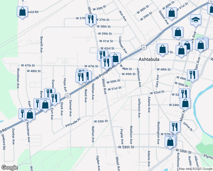 map of restaurants, bars, coffee shops, grocery stores, and more near 5016 West Avenue in Ashtabula