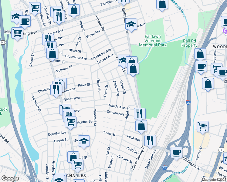 map of restaurants, bars, coffee shops, grocery stores, and more near 55 Trieste Street in Pawtucket