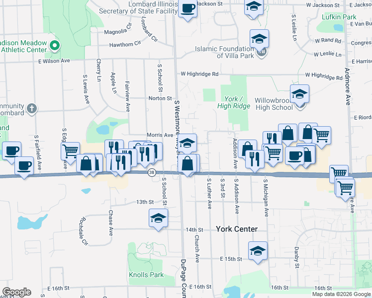 map of restaurants, bars, coffee shops, grocery stores, and more near 1155 South Church Avenue in Lombard