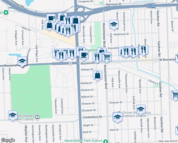 map of restaurants, bars, coffee shops, grocery stores, and more near 10307 Pelham Street in Westchester