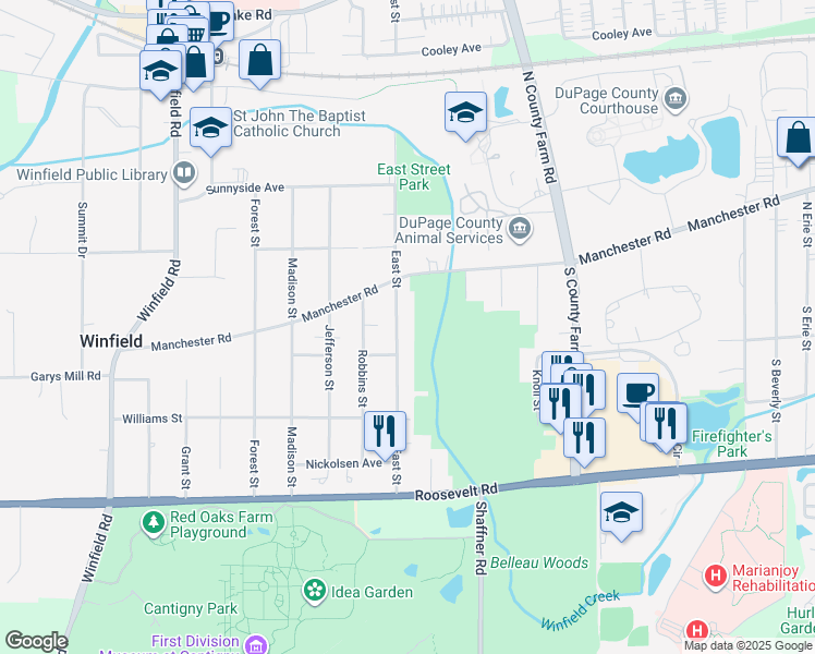 map of restaurants, bars, coffee shops, grocery stores, and more near S531 East Street in Winfield