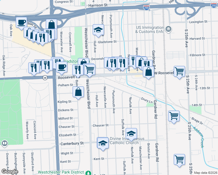 map of restaurants, bars, coffee shops, grocery stores, and more near 10055 Drury Lane in Westchester