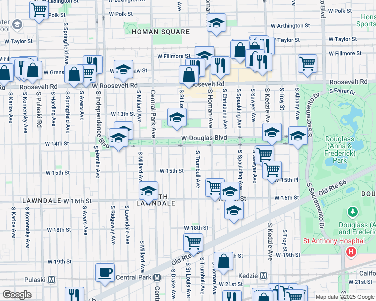 map of restaurants, bars, coffee shops, grocery stores, and more near 3449 West Douglas Boulevard in Chicago