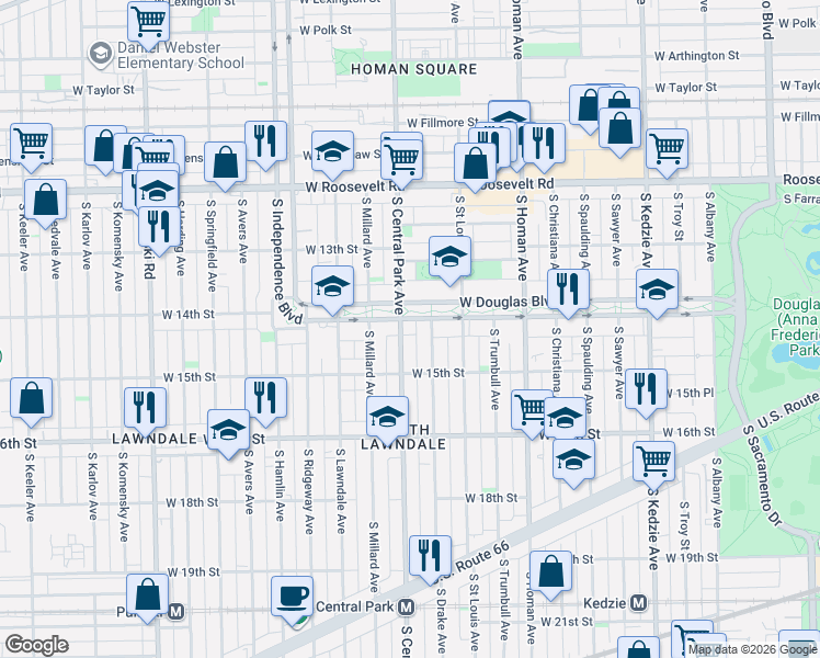 map of restaurants, bars, coffee shops, grocery stores, and more near 1416 South Central Park Avenue in Chicago