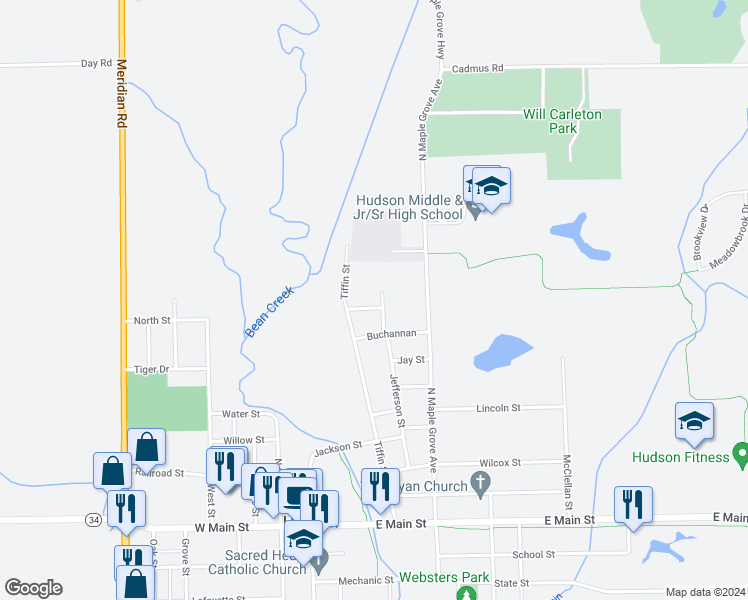 map of restaurants, bars, coffee shops, grocery stores, and more near 112 Valley Drive in Hudson