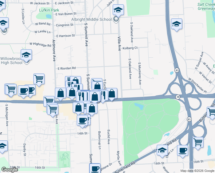 map of restaurants, bars, coffee shops, grocery stores, and more near 1485 South Euclid Avenue in Villa Park