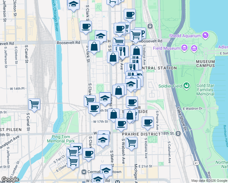 map of restaurants, bars, coffee shops, grocery stores, and more near 1463 South State Street in Chicago